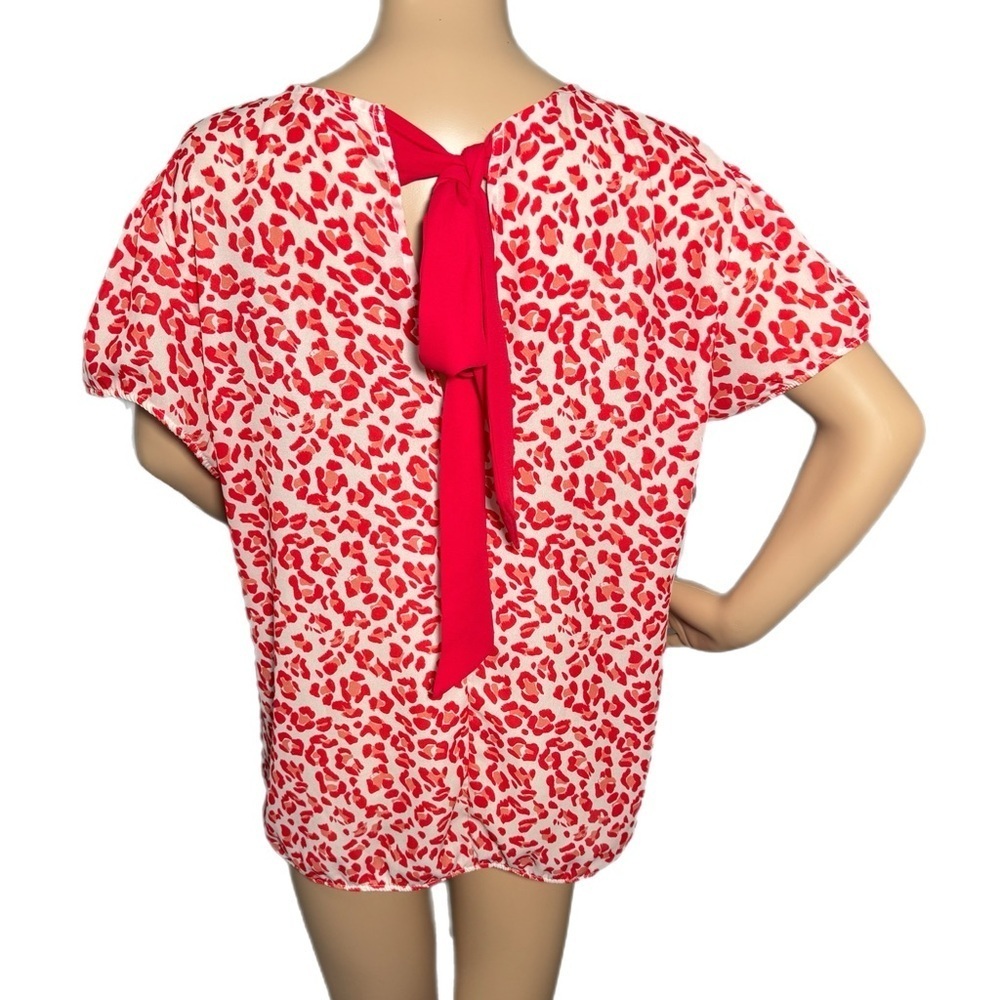 Sweet Pea NY & Co By Stacy Frati Red Animal Print Top Sz L Short Sleeve Sheer - Picture 3 of 11